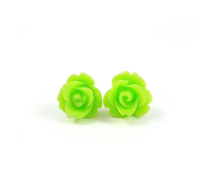 Neon Green Rose Stud Earrings - Lime Green Floral Jewelry - Neon Jewelry