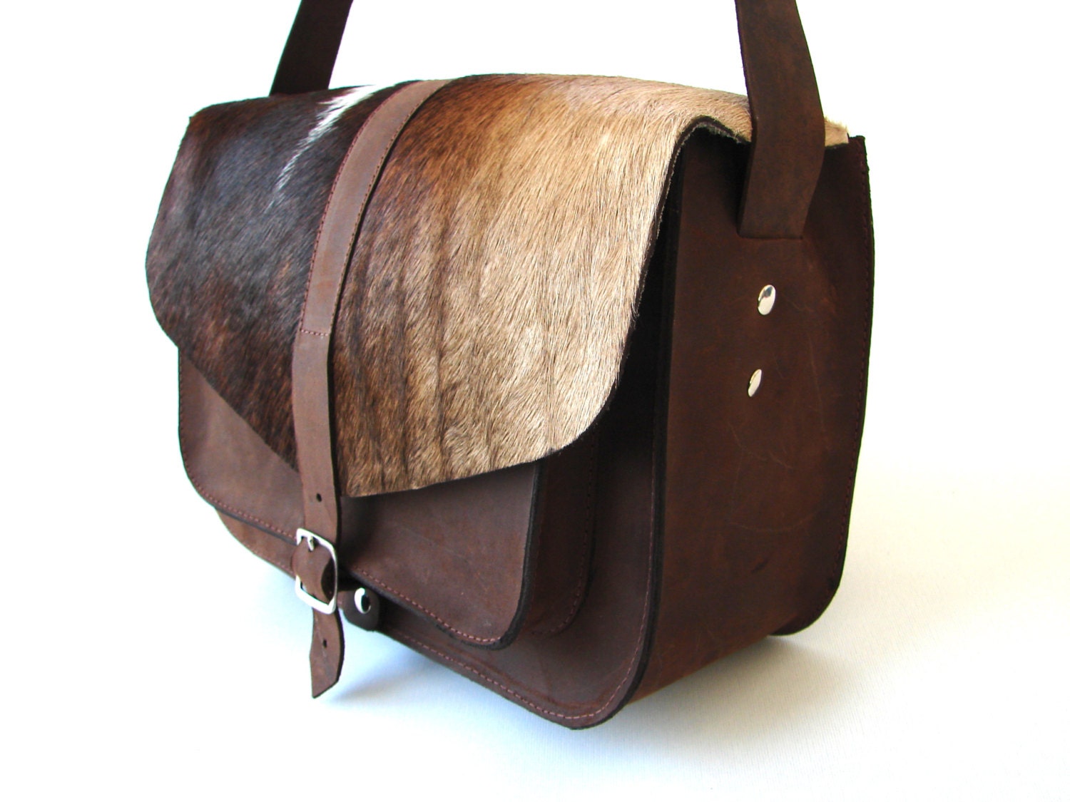 Cow Hide and Leather Satchel - Chocolate
