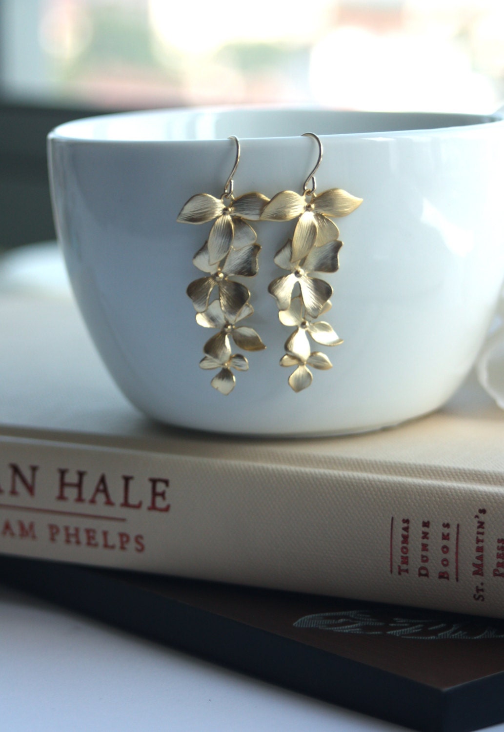 A Gold Plated Cascade Orchid Dangle Earrings. Cascading Orchids. Bridesmaids Gift. Long Orchid. Wedding Jewelry. Garden Wedding. Bridal.