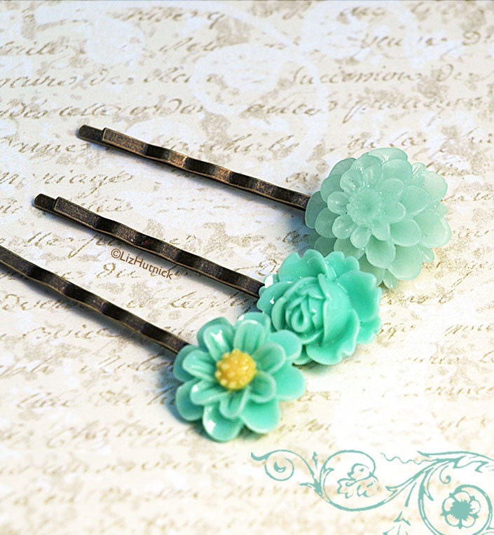On SALE Today. Mint Flowers Bobby Pins. Hair Accessories. Floral Hair Slides. Summer Fashion