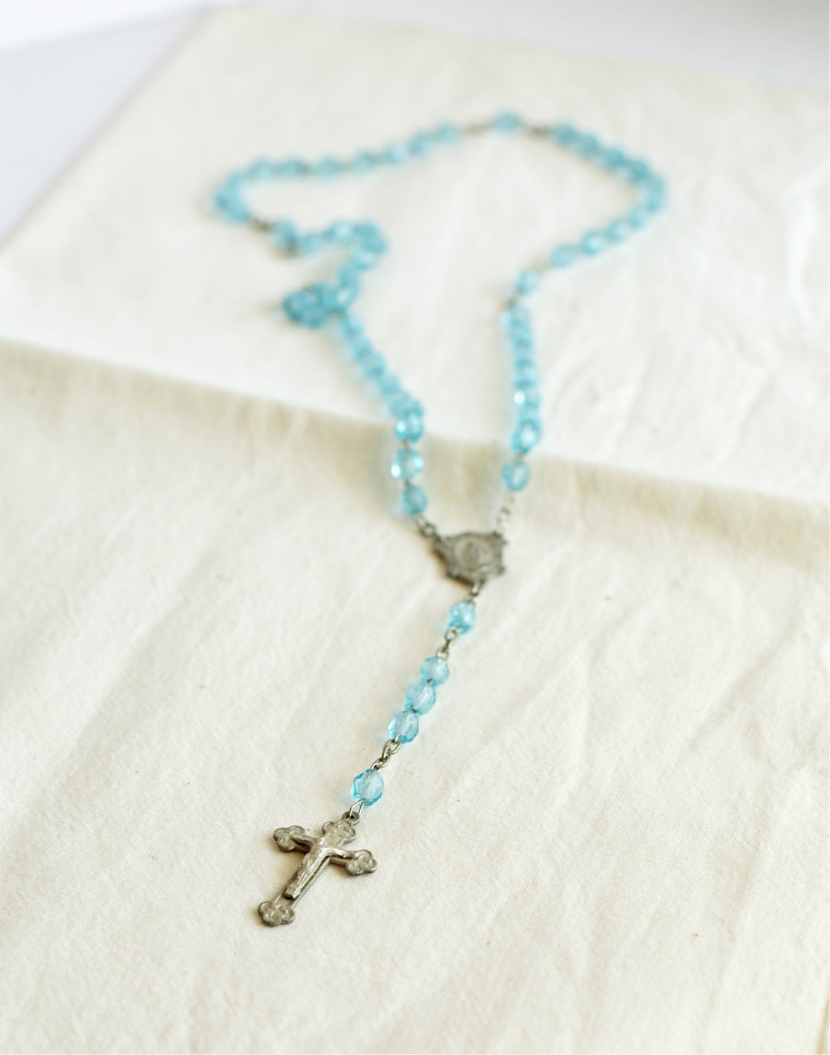 Light Blue Glass Bead Rosary Religious Crucifix Christian Catholic Church Cross Madonna Christ Prayer