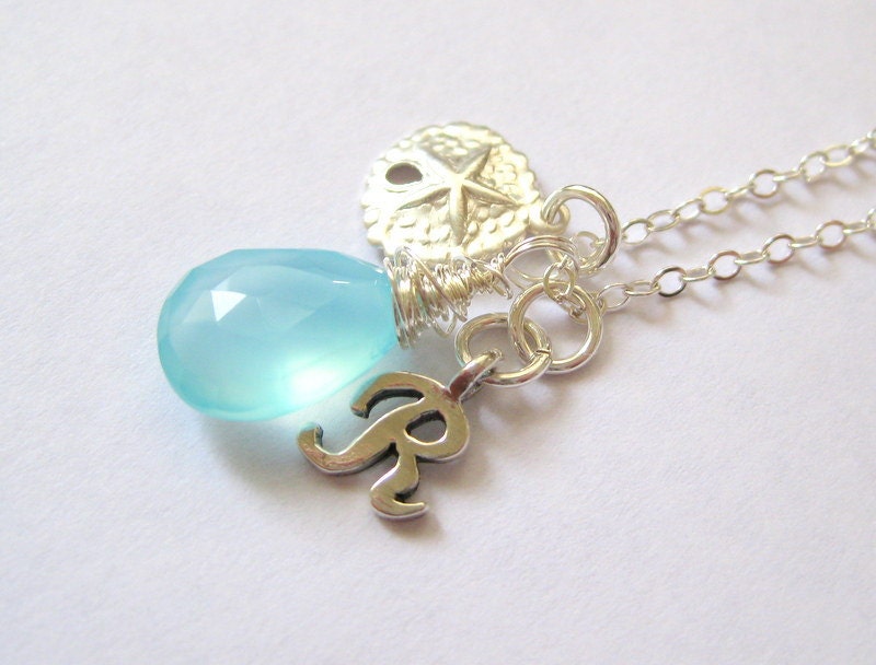 Custom gemstone necklace, Personalized initial necklace, Ocean necklace, Bridesmaid gift, Charm necklace, Beach wedding jewelry
