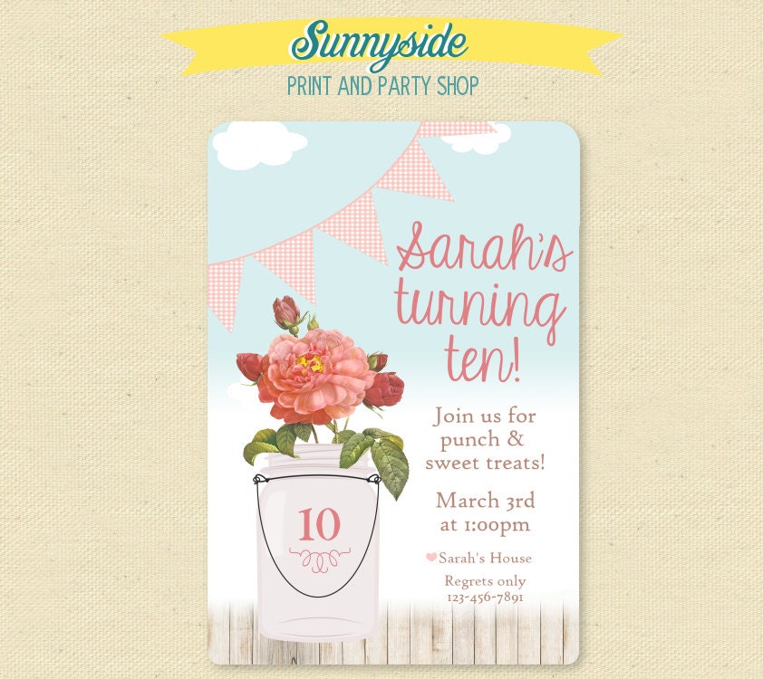 Shabby Chic Girly Birthday Invitation - Pretty Pennant - Rustic Mason Jar Il_170x135