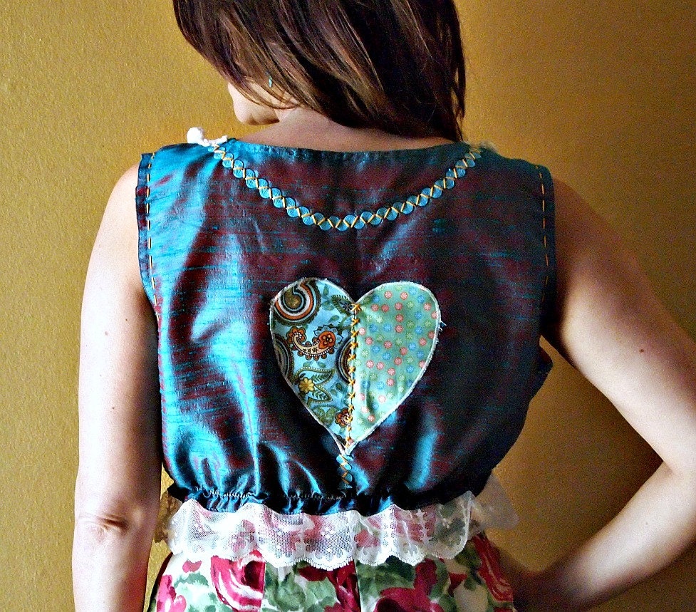 silk  top teal blue upcycled blouse heart applique gathered crop top recycled clothing