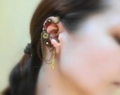 Floral Steampunk Ear Cuff Wrap With Seed Beads, Victorian Drop Charm And Chains
