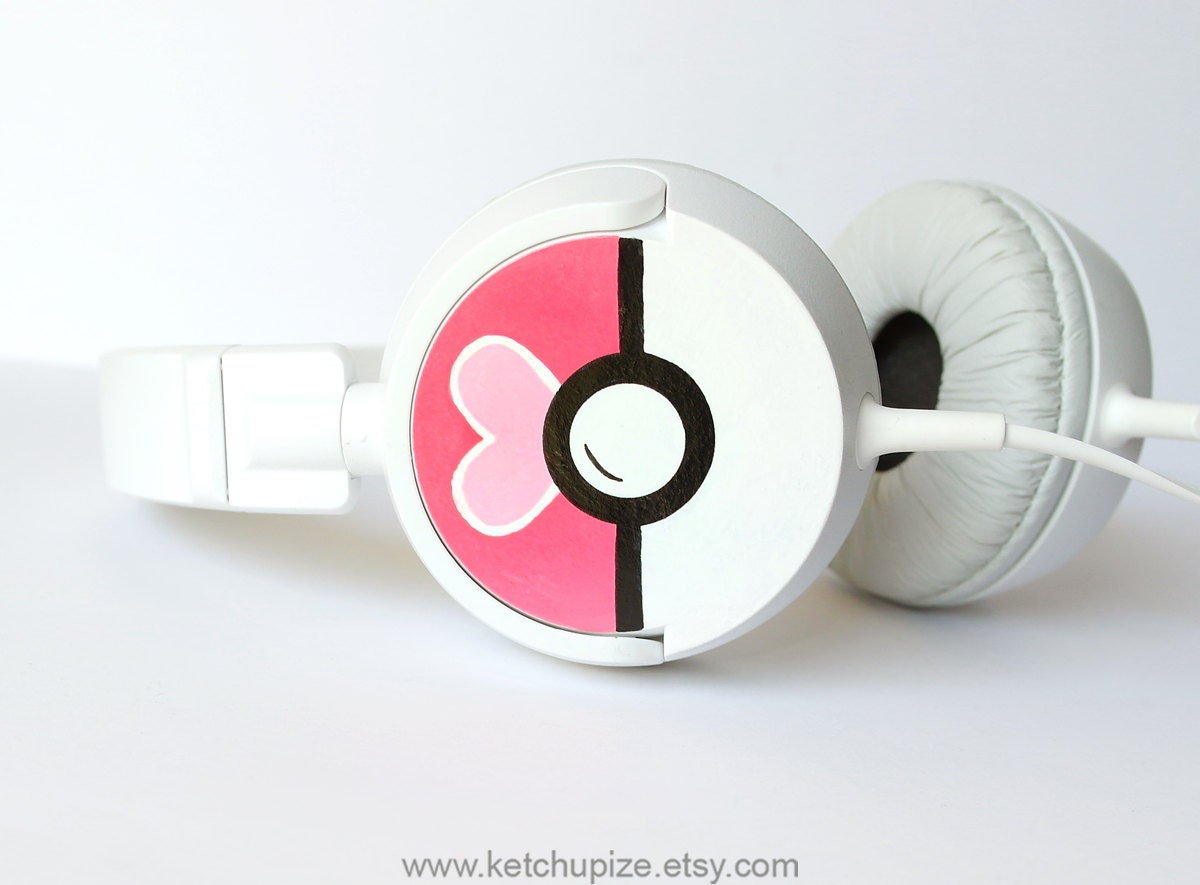 Love Ball Poke-phones cute Headphones earphones heart white pink fuchsia raspberry hot pink magenta hand painted girly