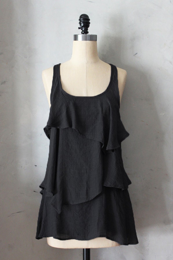 NIGHT - Romantic black flowy tier blouse // tunic // tank top // racerback