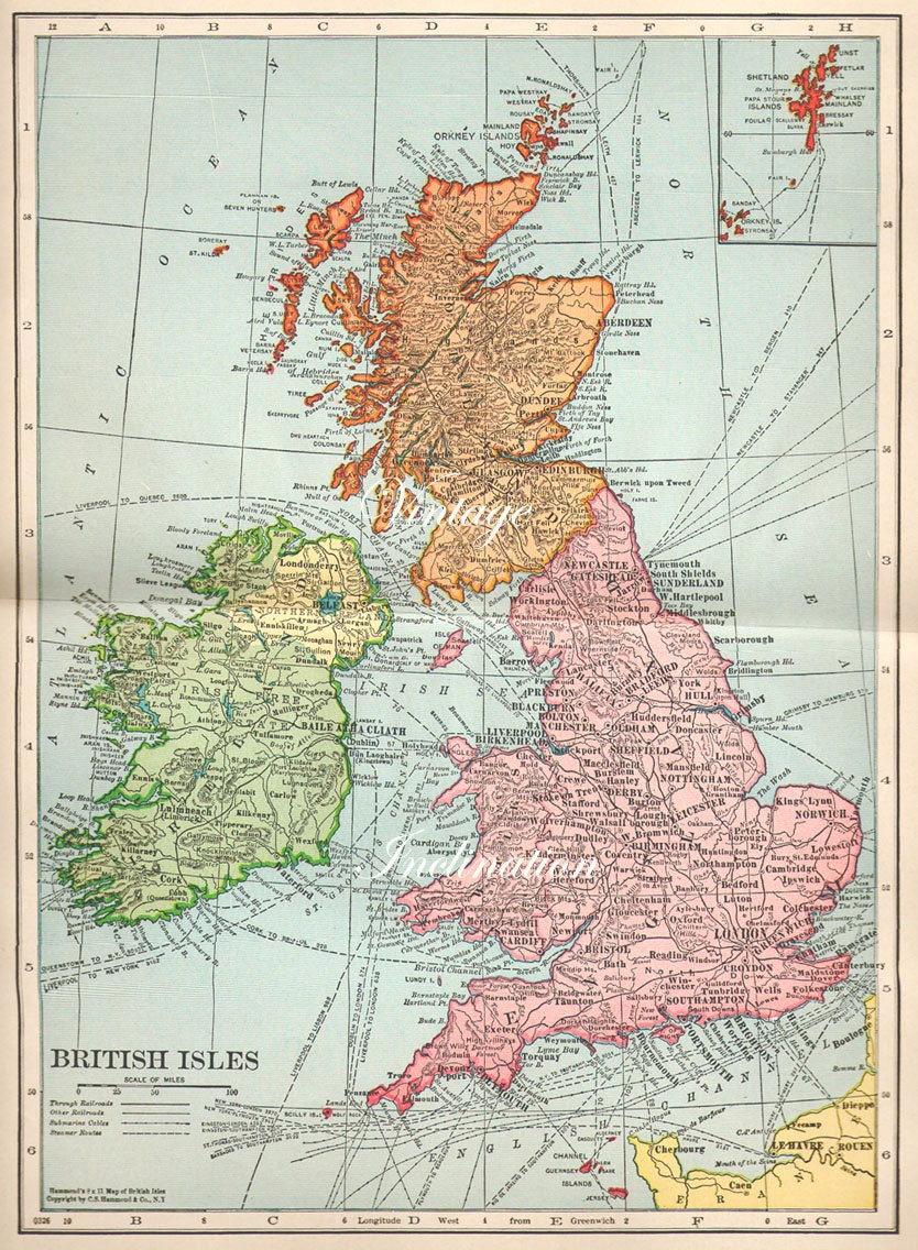 1936 LARGE BRITISH ISLES Map vintage map deco map wall map britain uk