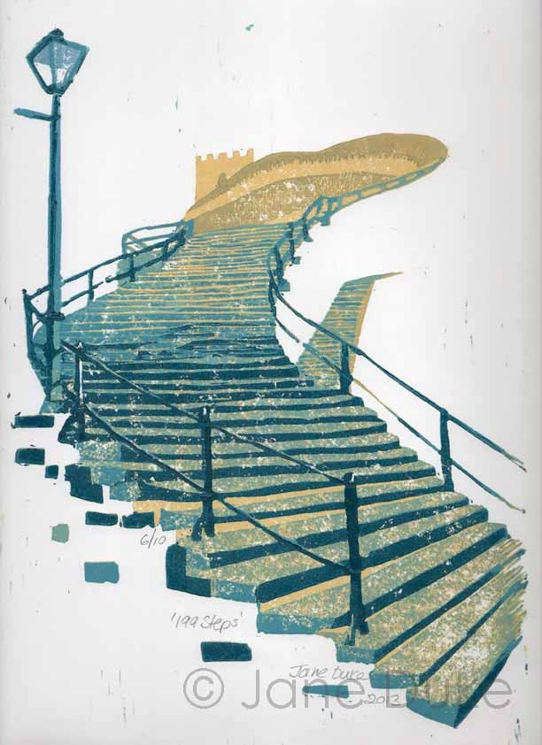 Whitby Steps linoprint limited edition relief print handpulled