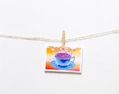 Funny greeting card with coffee cup Modern art Abstract bright neon orange purple blue painting / Break for the dreams / Gift idea