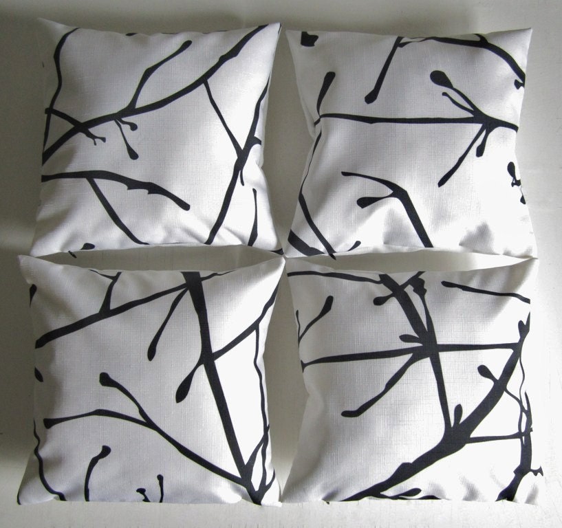 Retro Modern Black and White Branches Decorative Throw Pillow Covers- Set of 4 geometric 12" pillows