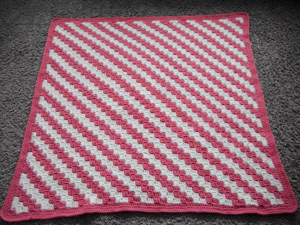 ON SALE Pink & White Diagonal Crochet Baby Blanket