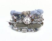 Upcycled Fabric Stacking Bangles, Multicolor Fiber Bracelet,  Boho Stack Bracelet, Beaded Bangles,  Peace Charm Bracelet