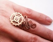 Steampunk Wire Wrapped Adjustable Copper Ring with Vintage Gear - wire wrapped ring handmade