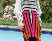 100% Silk Geometric Caftan, Tunic, White Black Summer Blouse, Resort, silk top, Cover Up, Beach, Striped Blouse