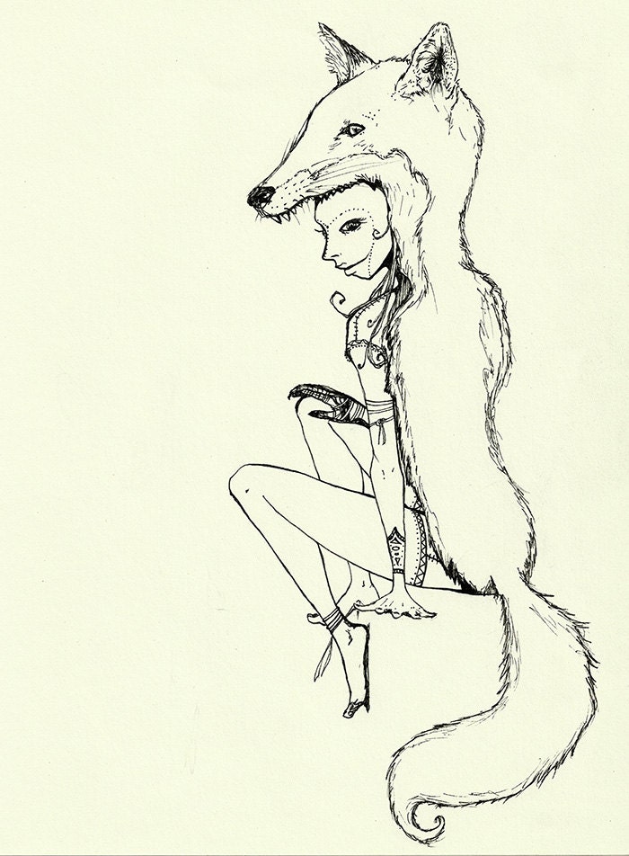 Original illustration - Furry Fox girl tribal warrior drawing