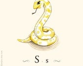Children room decor, Kids wall art, S is for Snake, 8x10 alphabet poster, Nursery Art Print, Watercolor Painting, animal alphabet, yellow
