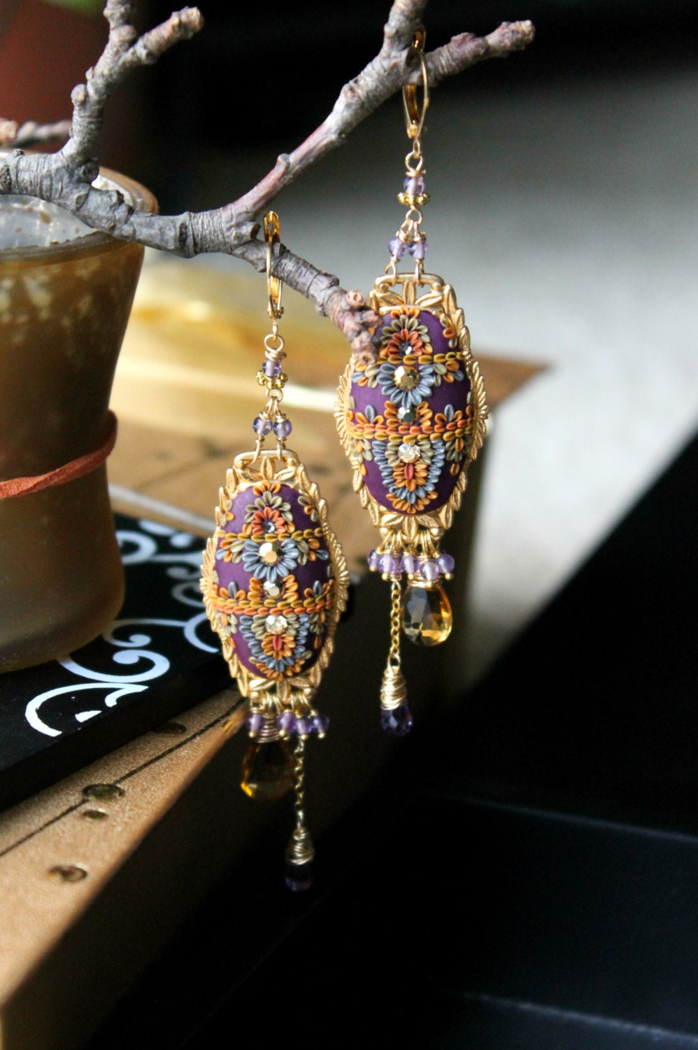Amethyst, Citrine, Padparadscha sapphire gold earrings with clay floral details on Vintage filigree - Remembering a Golden Sunset