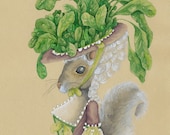 Squirrel and Vegetable French Animal Alphabet Art, Marie Antoinette style 5x7 Watercolor, Letter E is for Ecureuil and Epinards