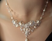 Bridal jewelry - Pearl necklace and earrings set - Freshwater- Pearl drop - Ribbon design - Feminine - Very pretty -