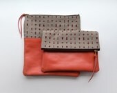 Signs and Signals Arrow Screen printed Leather Fold Over Clutch Coral Burgandy and Taupe