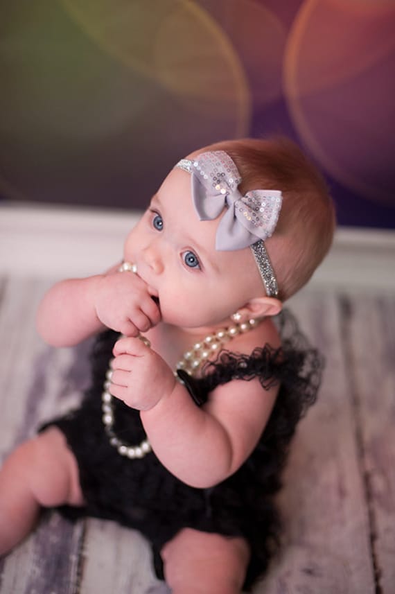 Gray Sequin Bow Baby headband, newborn headband, hair bow, newborn headband