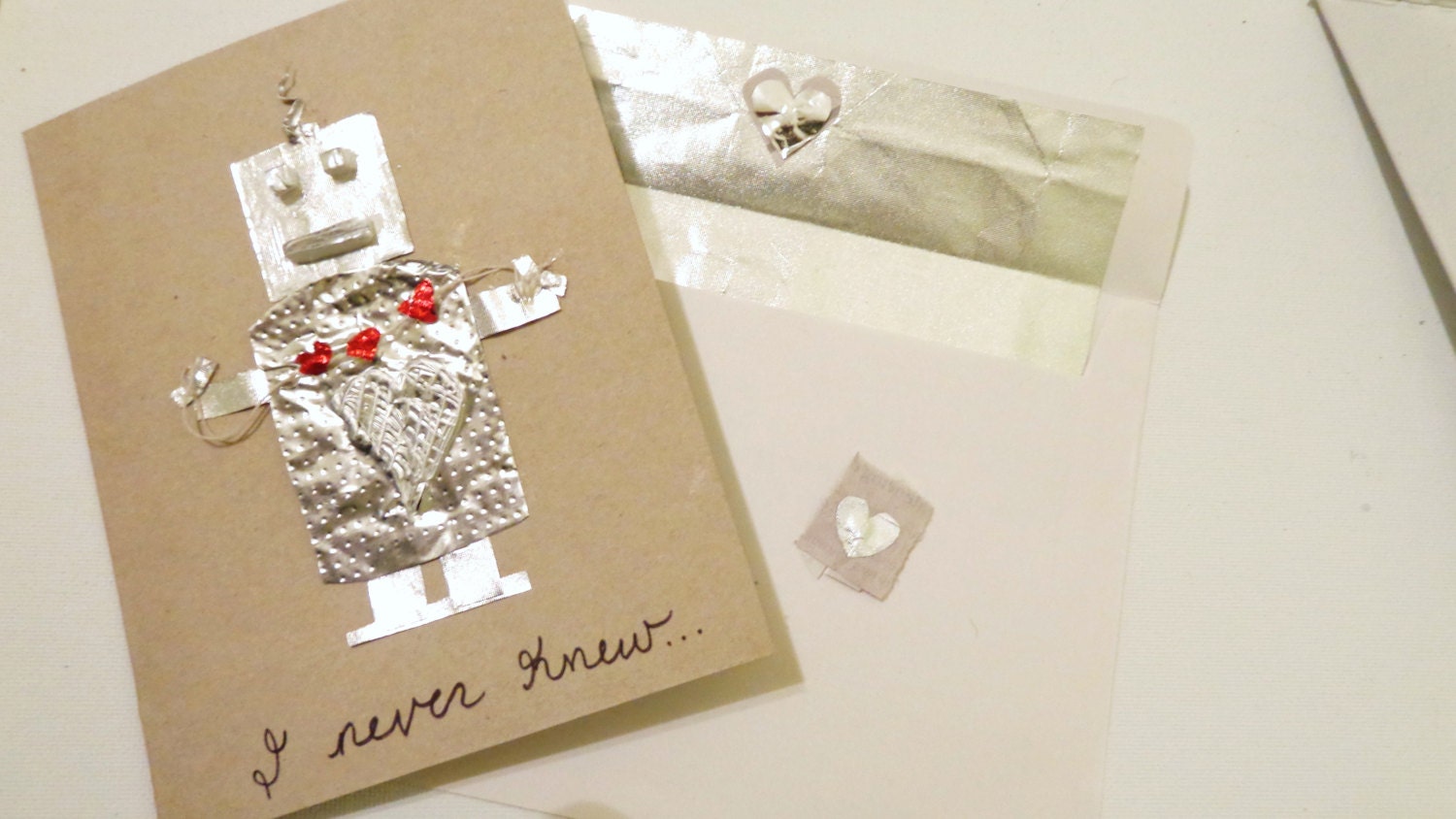 robot love valentine- romantic sweet 3D red silver heart true love recycled handmade unique original valentine's day card