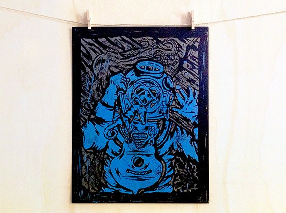 Deep Sea Death - Linocut Print - Blue & Metallic Variant