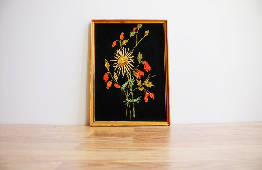 Bold 1960s - 70s Vintage Framed Embroidered Artwork / Handmade Needlepoint Art / Citrus Floral Bouquet on Black Background / Nature Decor