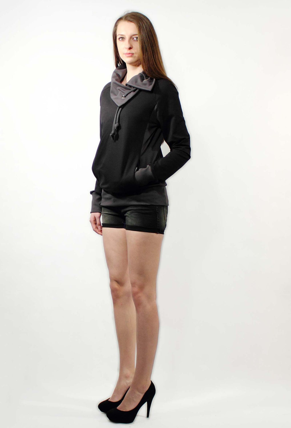 Black urban sweatshirt, Cowl neck sweatshirt, Cozy sweatshirt, Summer sweater, Extra long sleeves