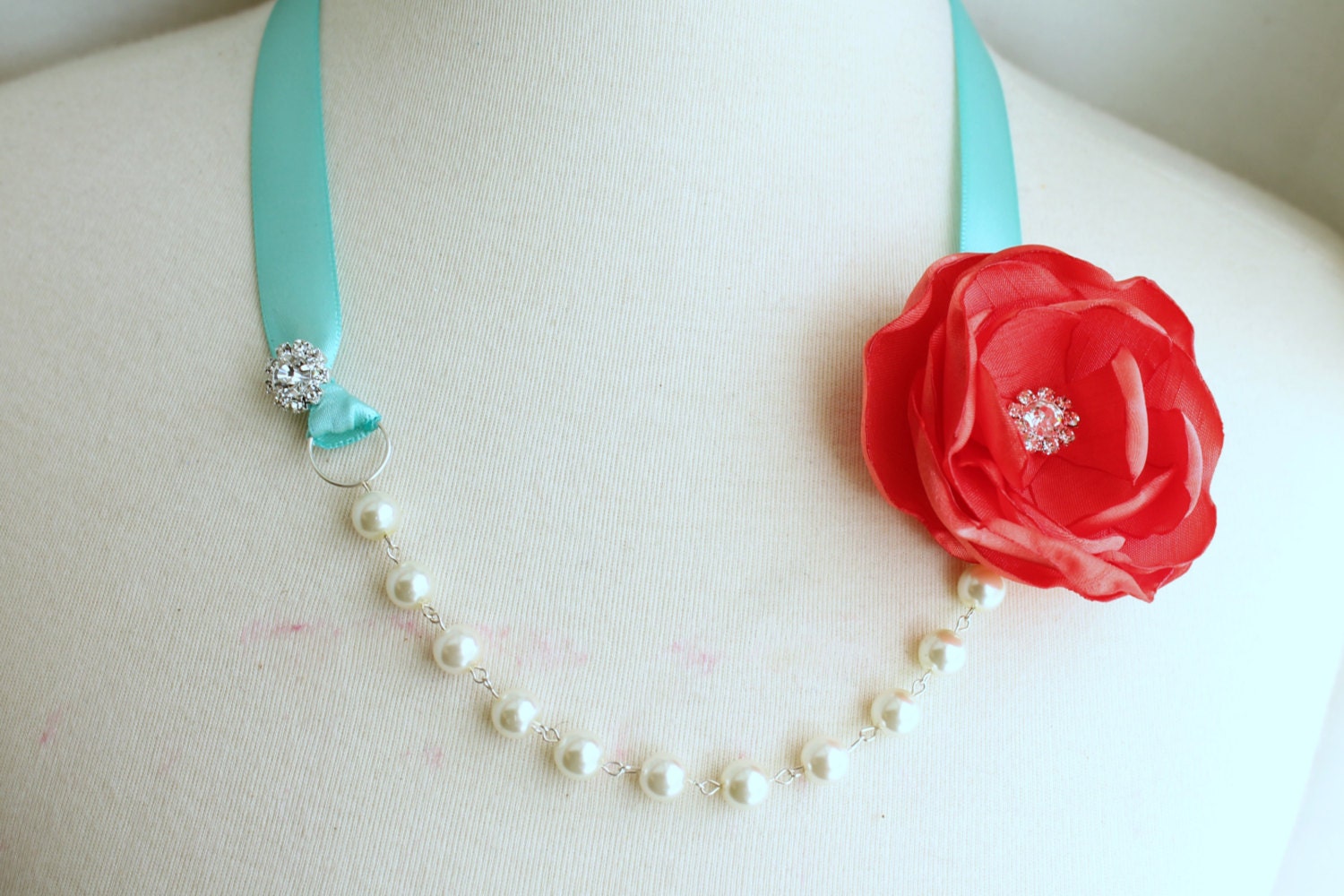 Pearl Crystal Ribbon Necklace - Coral Red Turquoise - Bridal Bridesmaids - Wedding Gift Accessory - Many Colors - Ready to Ship