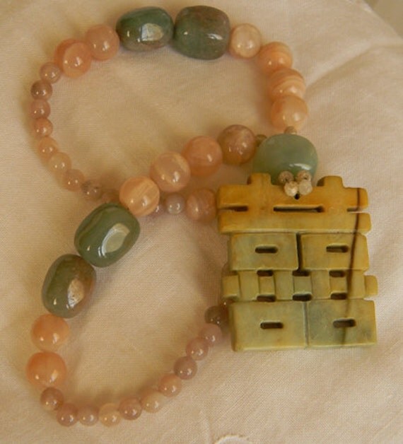Double happiness carved jade pendant necklace w/ beaded jewelry , sun stone jewelry , Asian jewelry , jade jewelry , ethnic gemston pendant