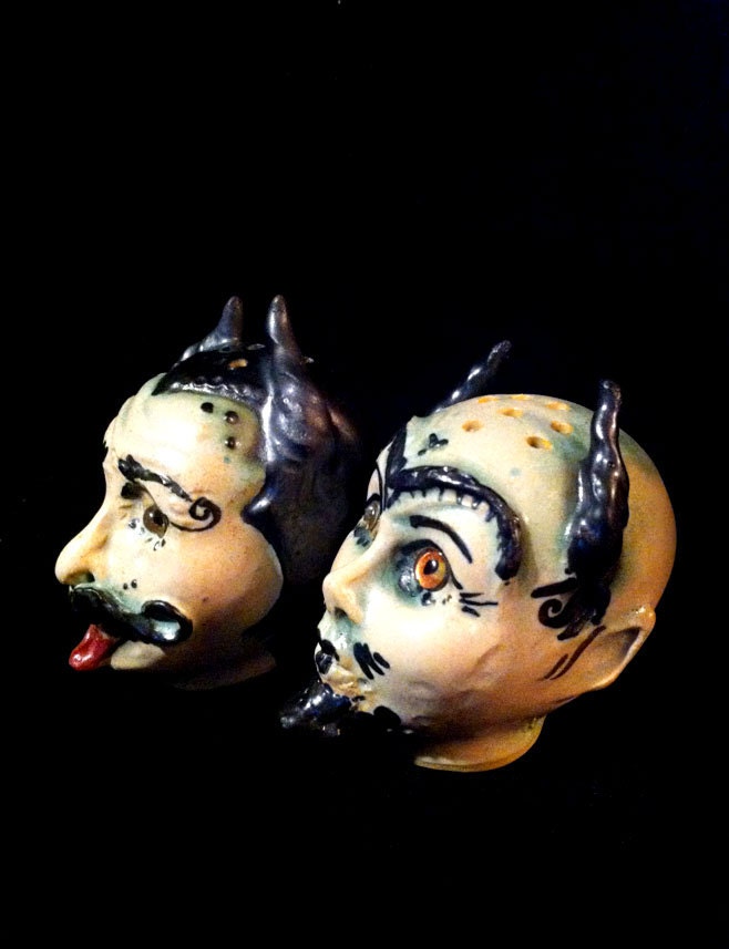 Baalberith and Belphegor Head ShaKers...handmade OOAK ceramic mini Devil salt spice shaker dolls