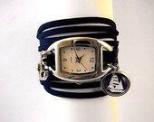Little Sailor wrap watch - dark blue suede and silver wrist watch, sail boat and anchor charm