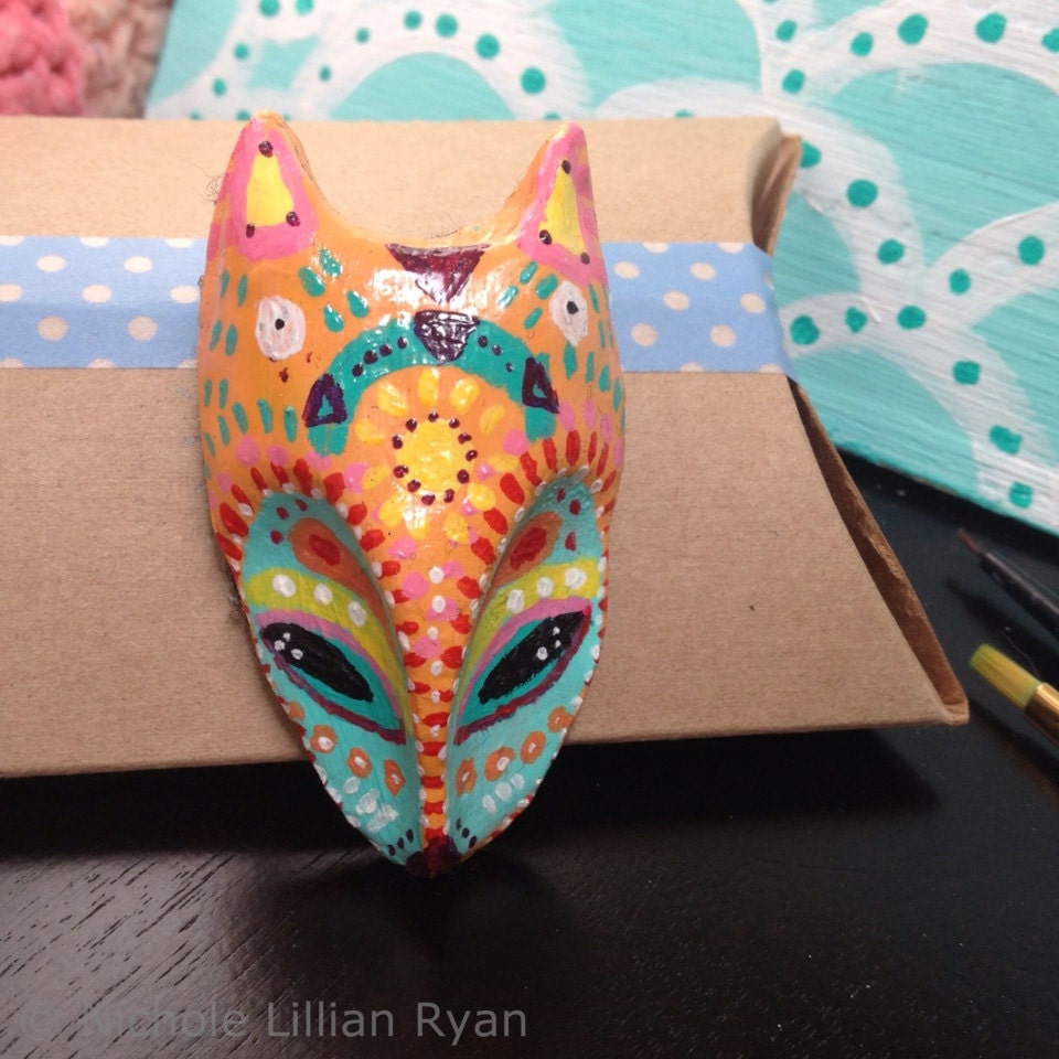 Fox Brooch / Clay Pin - OOAK Handmade Animal Gift - Hand cast and Hand Painted Orange Sunshine Sky