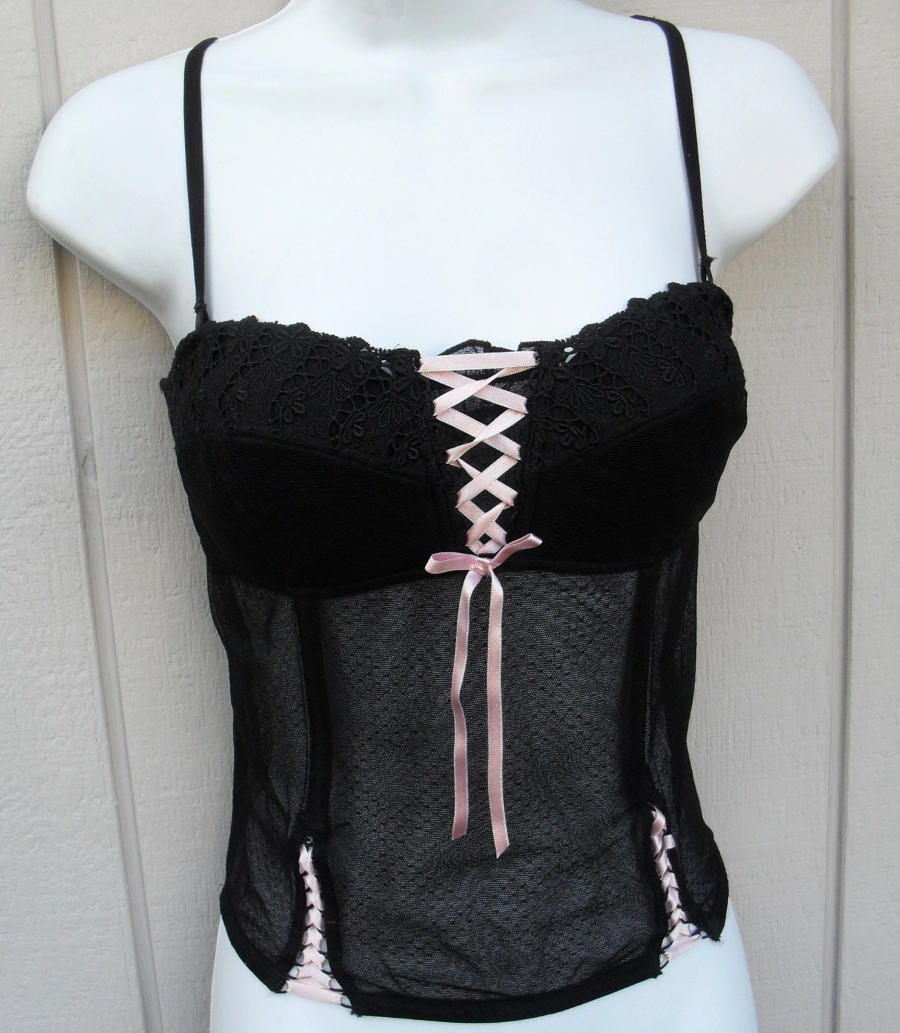 Vtge Black Embroidered Stretch mesh Lace Bustier Corset in size Med 38B