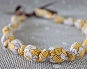 Modern Knotted Fabric Necklace - Yellow/White Floral Printed Fabric- Brown Grosgrain Ribbon