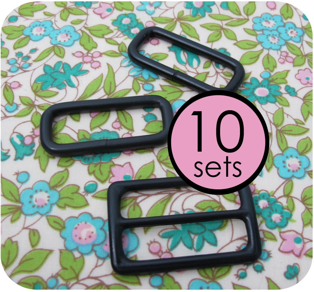 10 Sets - 1.5 Inch Matte Black Slide and TWO Rectangle Rings