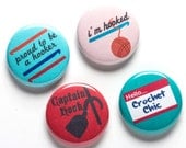 Crochet Theme Buttons, 1 inch pin back, Hooked, Set of 4