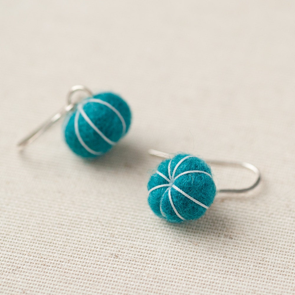 Felt Ball Earrings - Turquoise Blue - Stitched Putka Pods - Lightweight Accessory