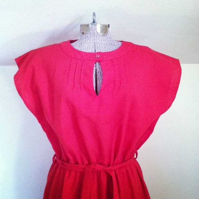 RED LINEN DRESS / Vintage 80s Summer Cutie / Size Med Lg 12