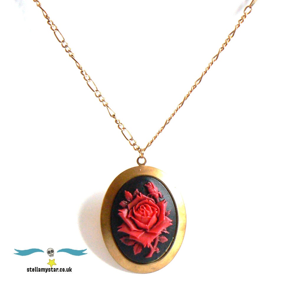 Red, Red, Rose- Red Flower Cameo on Black set on gold tone setting
