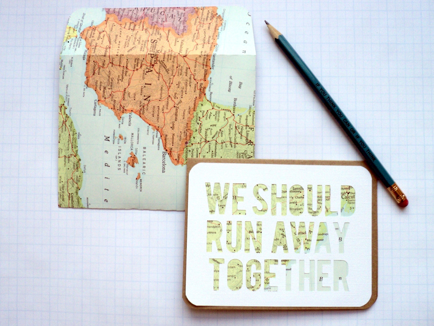 Run Away Together Card and Map Envelope - I Love You, Engagement, Elopement