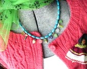 Turquoise Barrel Necklace with Flower Czech and Stone Charms handmade closure