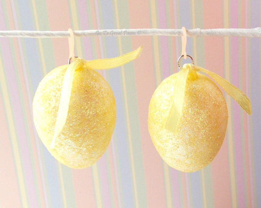 Bright Yellow Sparkle Easter Egg Earrings, Orange Plastic Ear Hooks, Yellow Easter Egg, metal allergies, large earring, purple, blue, green
