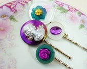 Cameo Bobbie Pins, Floral Hair Accessories Flower Bobby Pin Set, Purple Green Pearl
