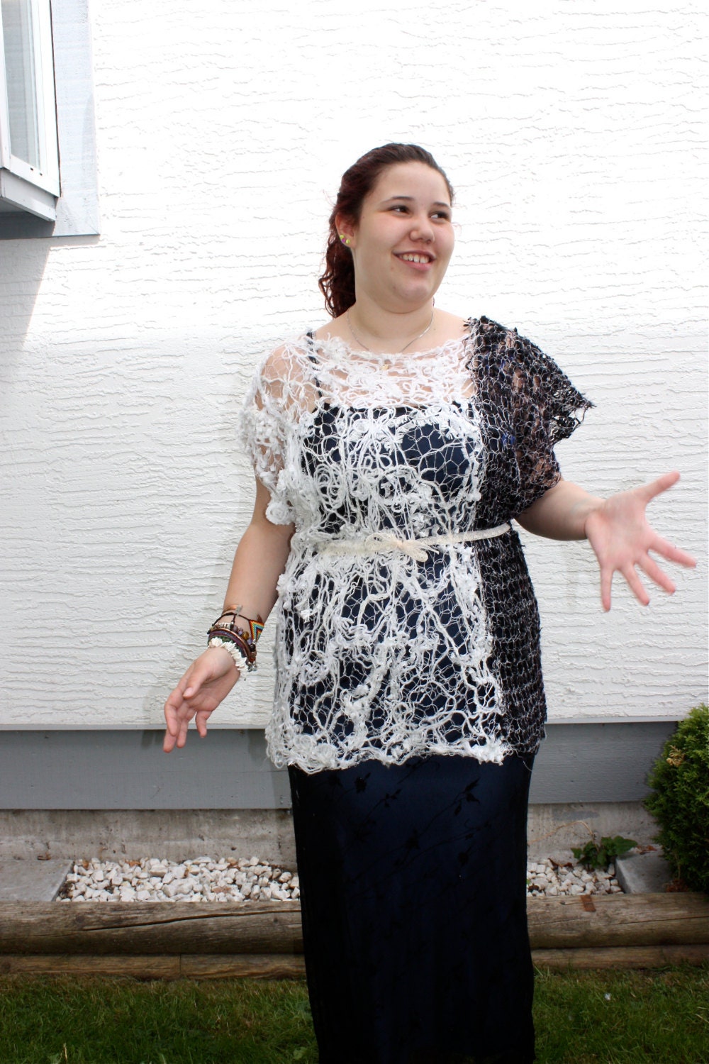 Luna, a Tunic in half white and half black made on the sewing machine from thrums