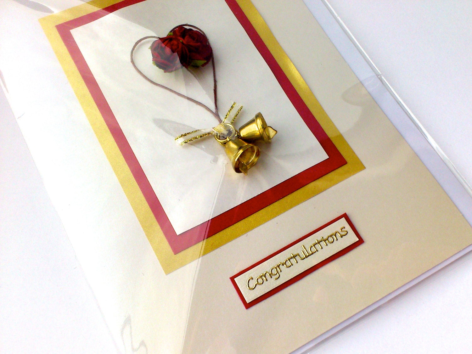 Wedding congratulations card - red rose love heart gold bells - handmade wedding greetings