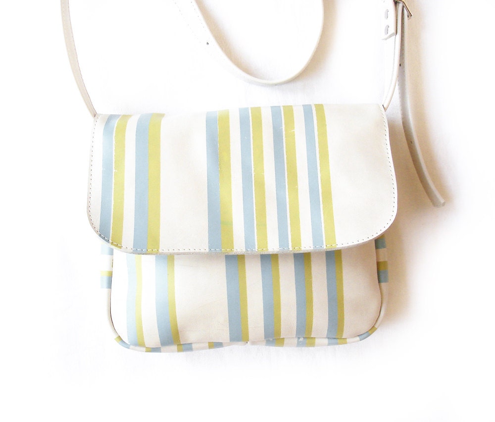 Small Leather Messenger Bag in Bone leather With Stripy Screenprint