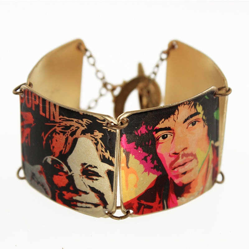 Photo Bracelet, Brass Link Bracelet, Altered Art Jewelry, Photo Jewelry, Square Link Bracelet, 60s ROCK LEGENDS - Sealed in Resin